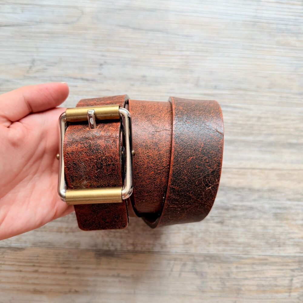 Hyde Collection Vintage Brown Leather Belt Size 33 Distressed Western 90s Y2K